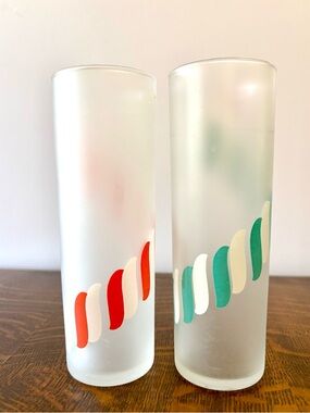 Libbey Frosted Highball Glasses with Red and Teal Wave Accents